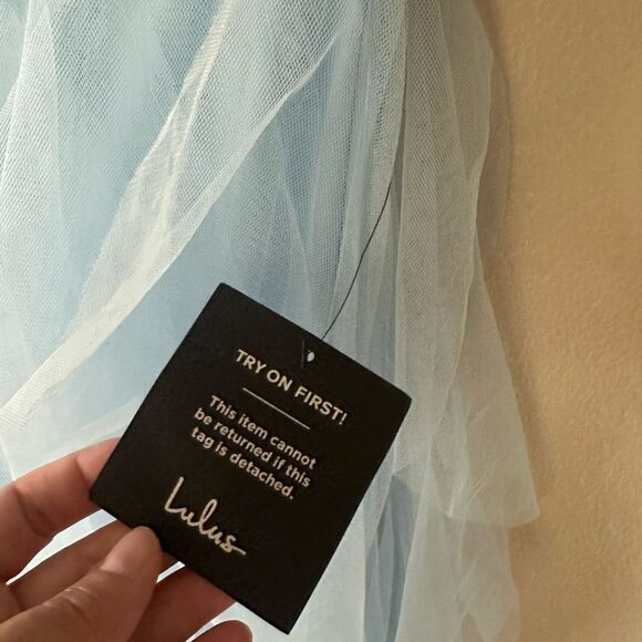 NWT Lulus Delightful Beauty Blue Mesh Strapless Ruched Ruffled Maxi Dress Size L - Picture 6 of 12